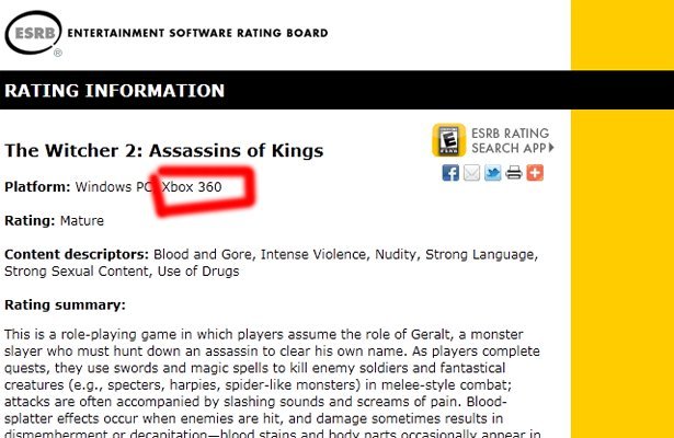 Wiedźmin 2: Zabójcy Królów – ESRB usuwa wpis o Xboksie 360, a CD Projekt komentuje
