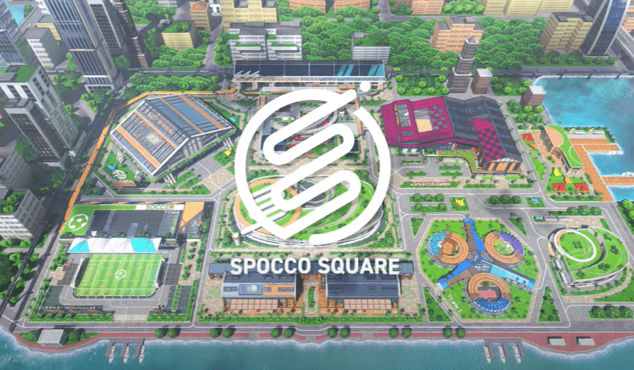 Opis obrazka: zdjęcie przedstawia świat, w którym możemy grać w Nintendo Switch Sports. Jest to rodzaj miasteczka sportowego z różnymi boiskami i arenami.