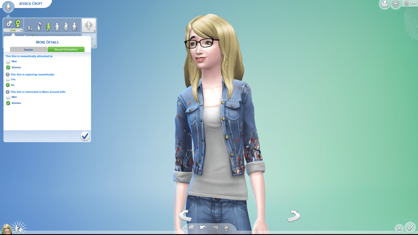 Nowe opcje orientacji. Na obrazku kreator postaci Sims 4. Na środku stoi Sim z blond włosami oraz okularami, dżinsową kurtką. Po lewej znajduje się okno z napisami po angielsku: 
