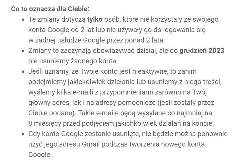 Fragment informacyjnego e-maila od Google'a.